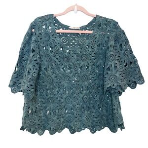 Solitaire Anthropologie Blouse Peasant Floral Scalloped Hem Sheer Teal Boho Boxy